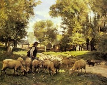 Animal Painting - Un pastor y su rebaño La vida en la granja Realismo Julien Dupre